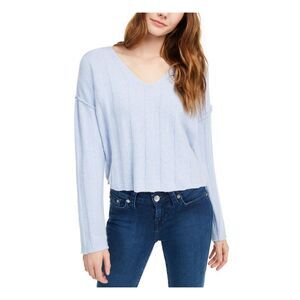 PINK ROSE Womens Light Blue Heather Ribbed Raw-Hem V Neck Sweater M
